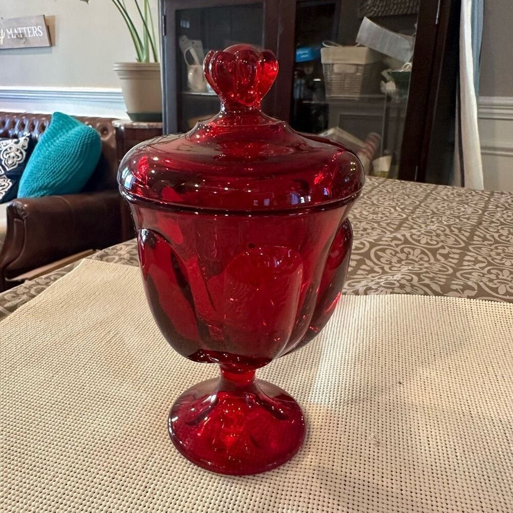 Viking Glass Ruby‎ Red 6-Petal Glass Compote Pedestal Jar with Cover Vintage